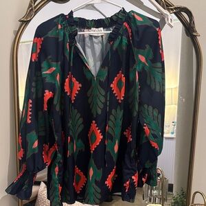 First Love Dark Blue Blouse with Vibrant Red and Green Design
